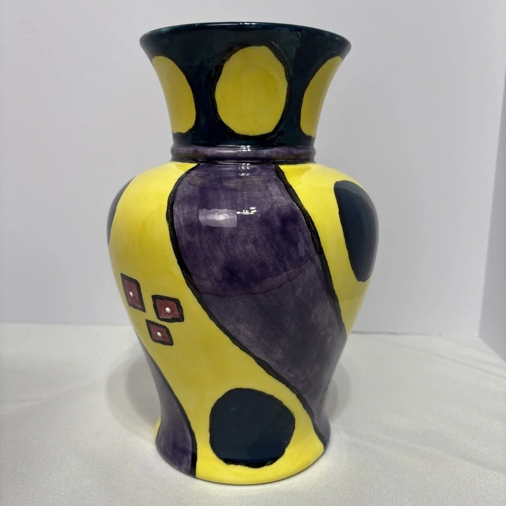 HANDMADE ART POTTERY CERAMIC VASE ABSTRACT‎ COLORFUL SIGNED 